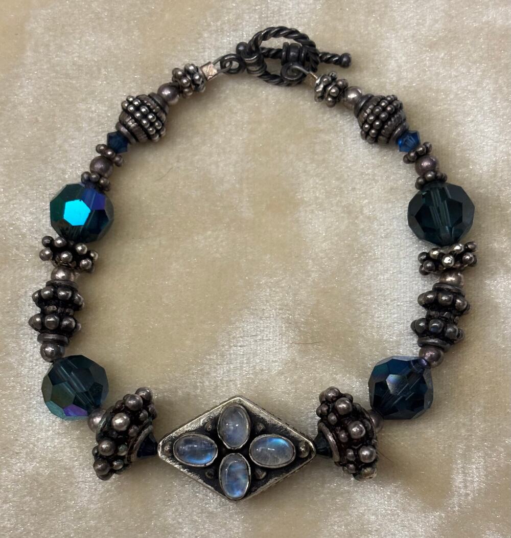 Opals Crystals Sterling Silver Custom Made Bead Bracelet 32g 7" 1 of a Kind